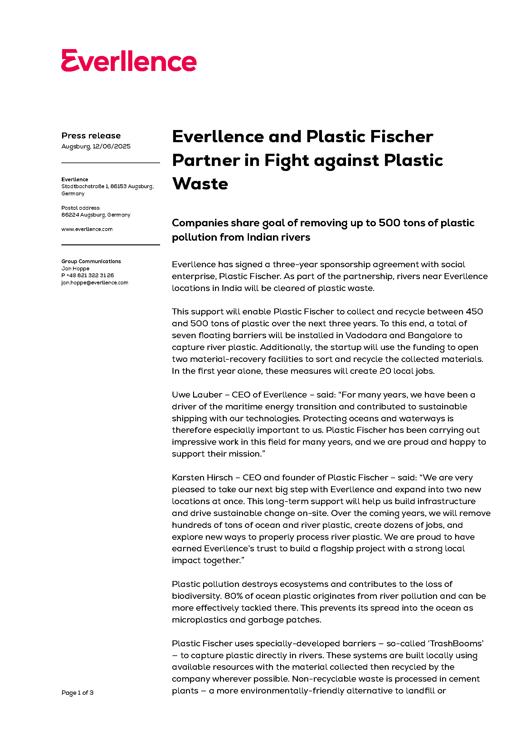 Everllence and Plastic Fischer Partner in Fight against Plastic Waste